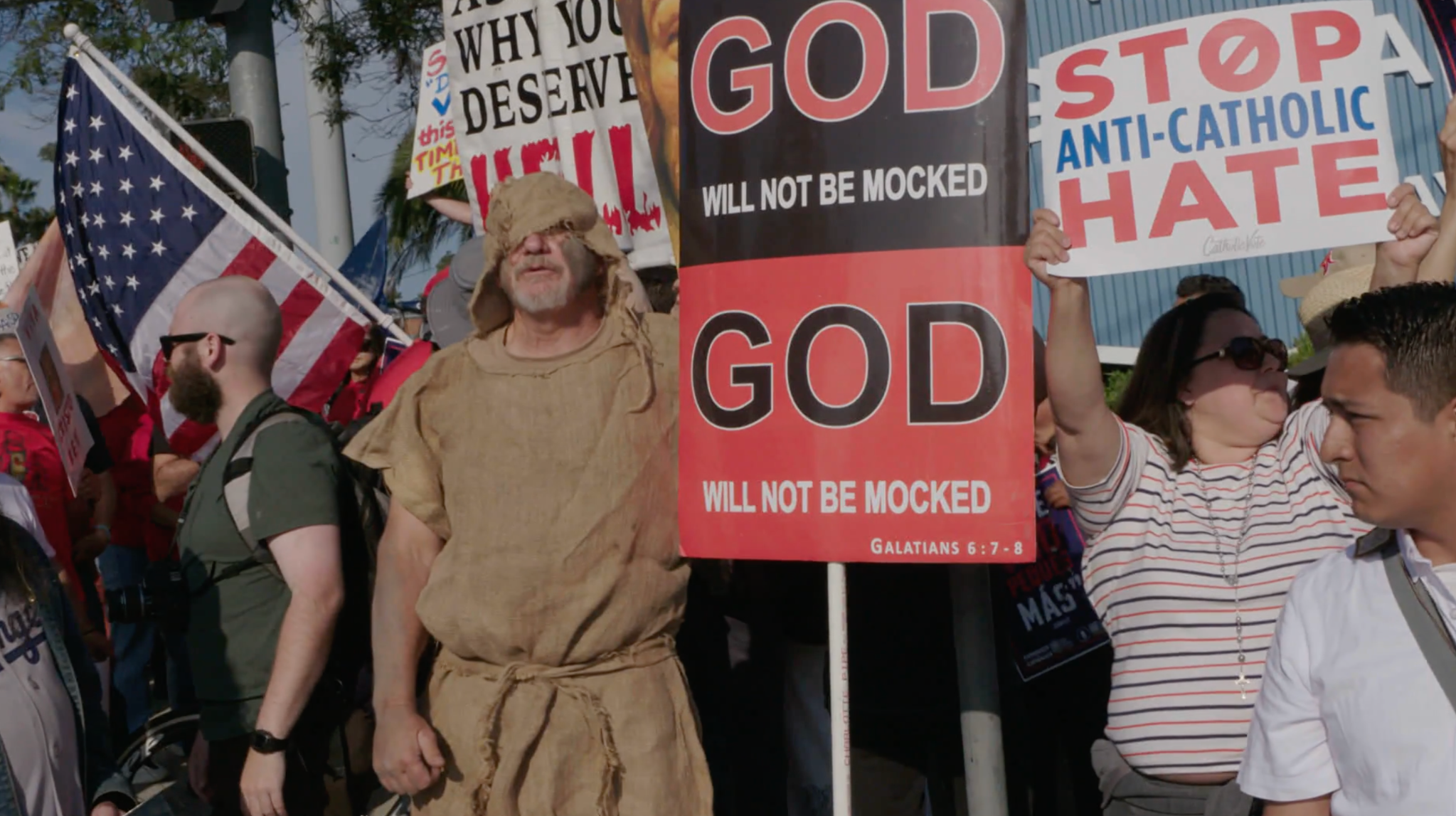 Protesters displaying religious signs during the Dodgers Pride Night controversy