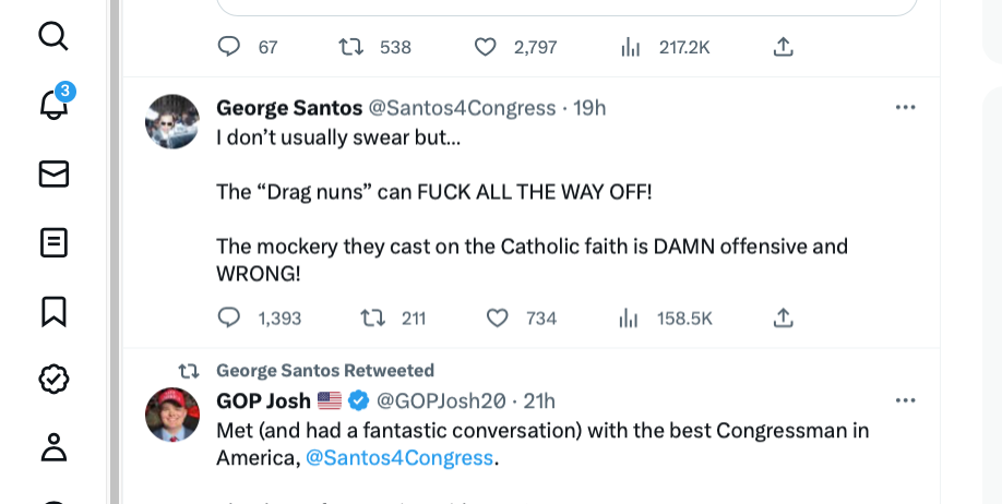 Screenshot of George Santos's social media post criticizing the Sisters